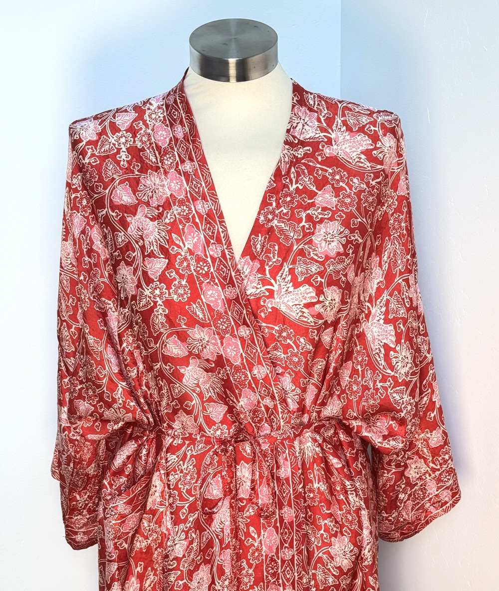 100% Silk Women’s XL Robe Kimono Red Pink Floral Belted Tie 3/4 Sleeve **READ**